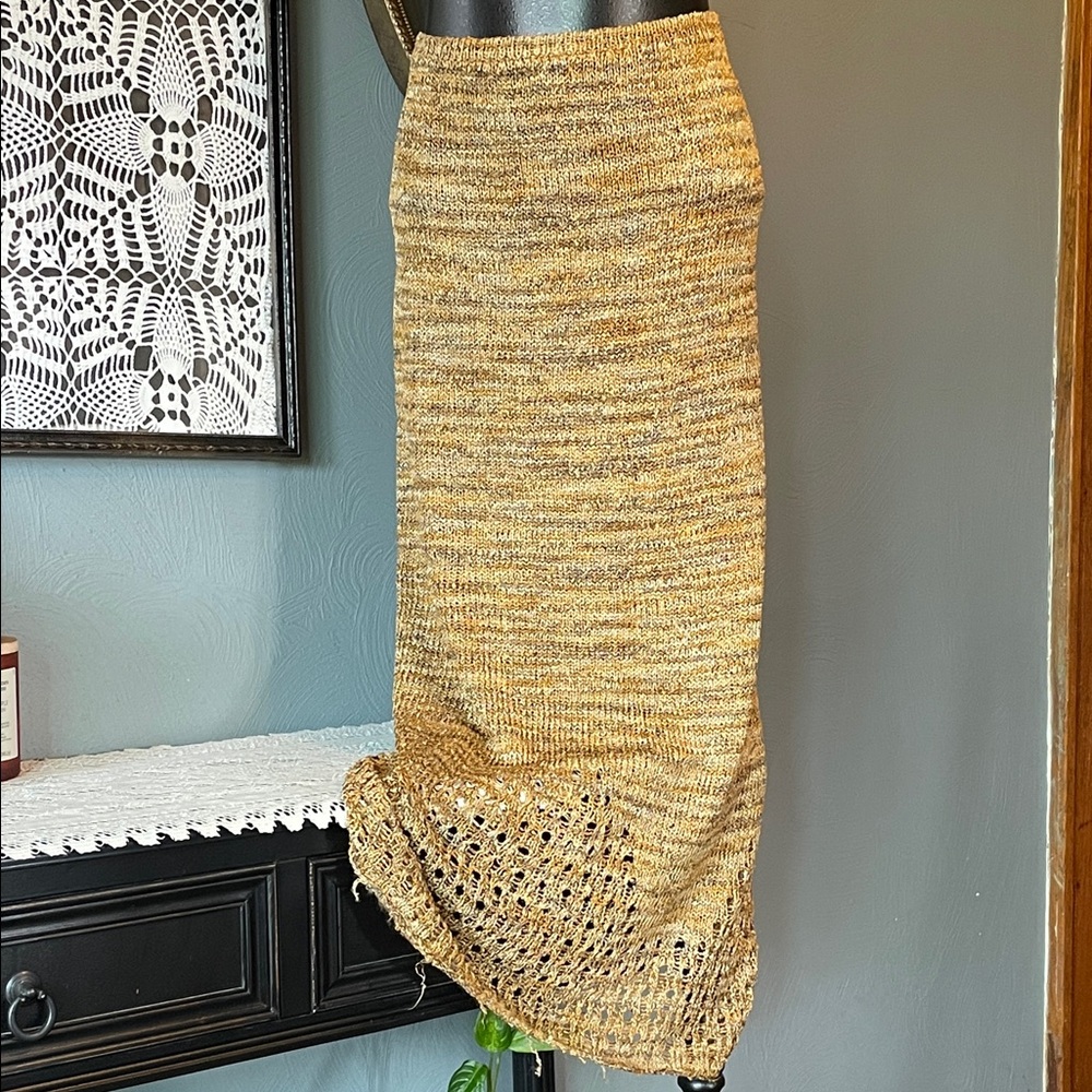 Vintage Mustard Gold Knit Maxi Dress with Openwork Hem